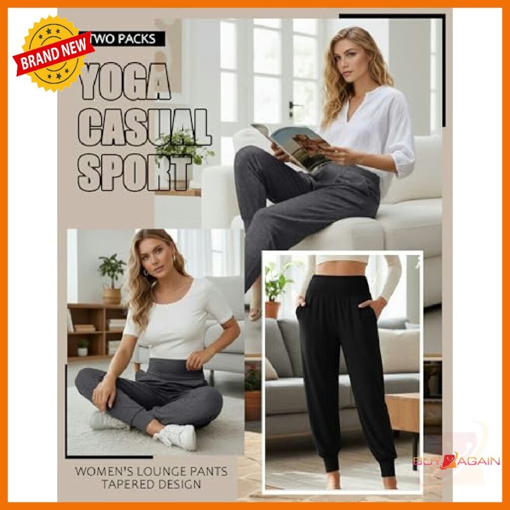 Women's Yoga Joggers 2-Pack High Waisted Loose Fit Sweatpants with Pockets - Picture 3 of 8